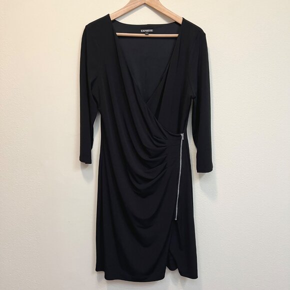 EXPRESS 3/4 Sleeve Zipper Front Faux Wrap Jersey Dress Black Size Large - Picture 6 of 9